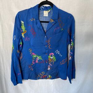 Uri Gabo 1980s Vtg Womens Shirt Long Sleeve Blue Print Size 10